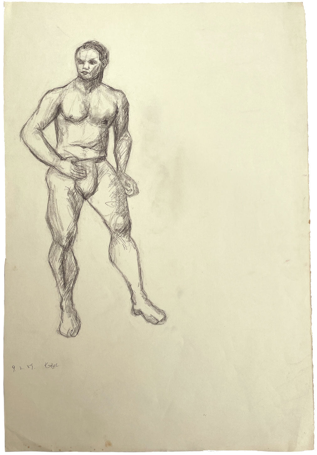 Harold Kopel ROI, Male Nude Life Study, Standing Pose 2 – 1959 pen & ink drawing