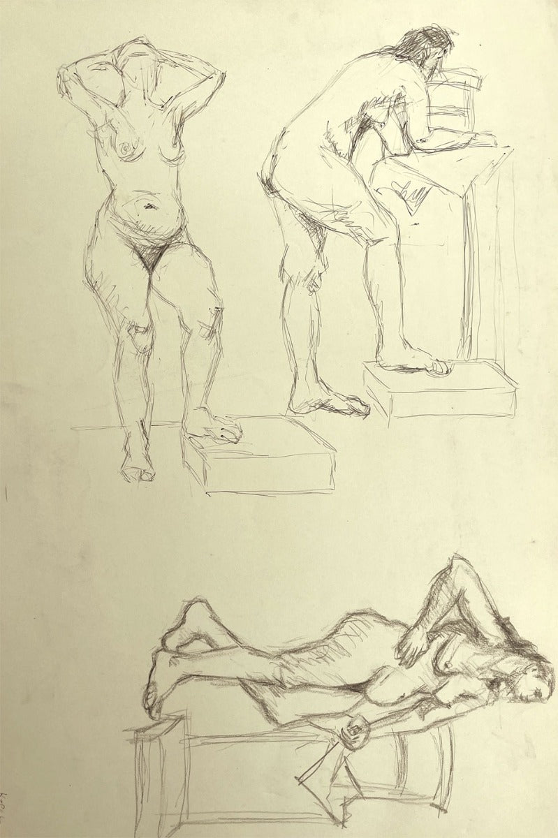Harold Kopel ROI, Female Nude Life Study, Various Poses 2 – 1958 ink drawing