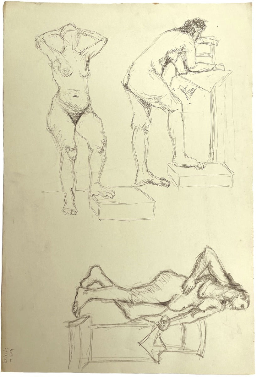 Harold Kopel ROI, Female Nude Life Study, Various Poses 2 – 1958 ink drawing