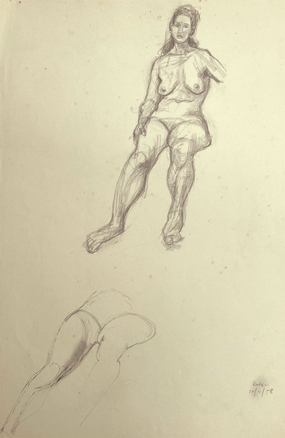 Harold Kopel ROI, Female Nude Life Study, Sitting Pose 7 – 1958 graphite drawing