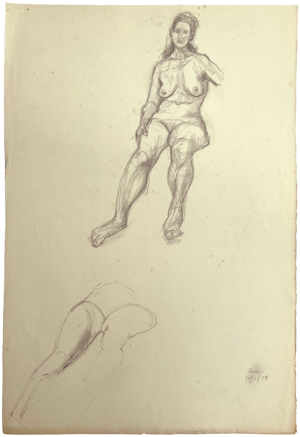 Harold Kopel ROI, Female Nude Life Study, Sitting Pose 7 – 1958 graphite drawing