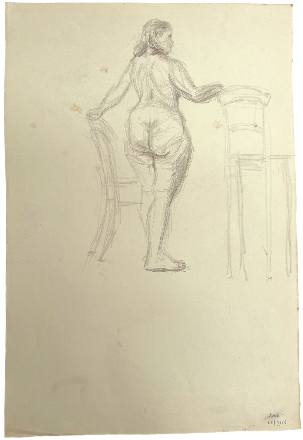Harold Kopel ROI, Standing Female Nude Life Study 2 – 1958 graphite drawing
