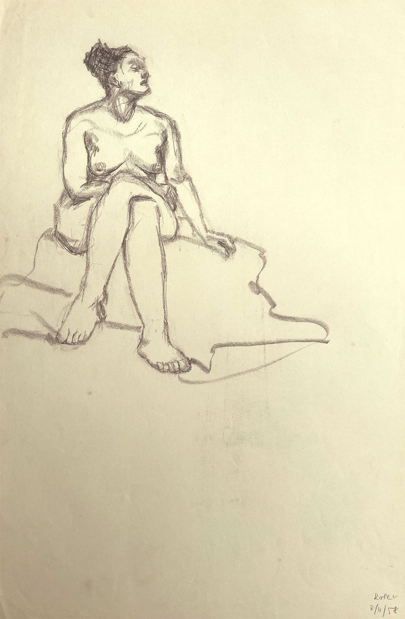 Harold Kopel ROI, Female Nude Life Study, Sitting Pose 8 – 1958 graphite drawing