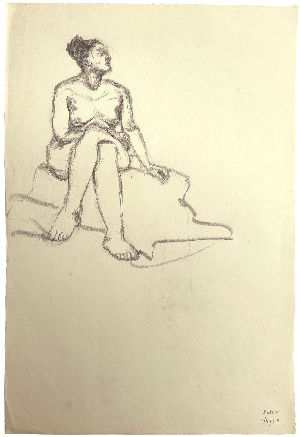 Harold Kopel ROI, Female Nude Life Study, Sitting Pose 8 – 1958 graphite drawing