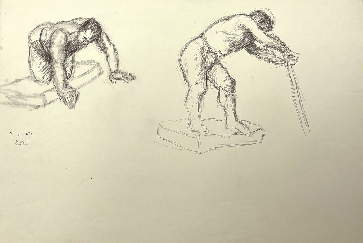 Harold Kopel ROI, Male Nude Life Study, Bending Poses – 1959 pen & ink drawing