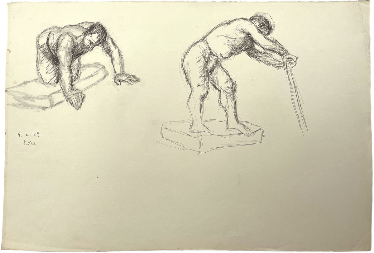 Harold Kopel ROI, Male Nude Life Study, Bending Poses – 1959 pen & ink drawing