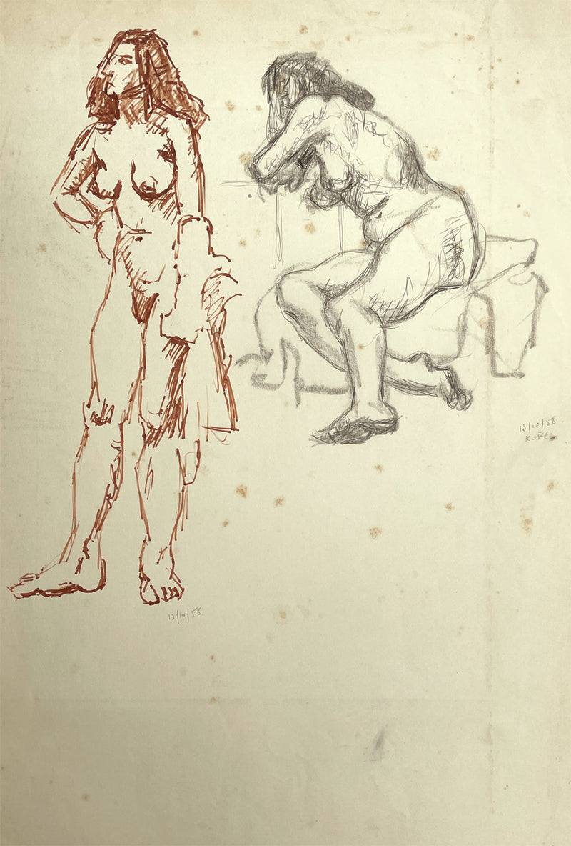 Harold Kopel ROI, Female Nude Life Study, Standing & Leaning – 1958 ink drawing