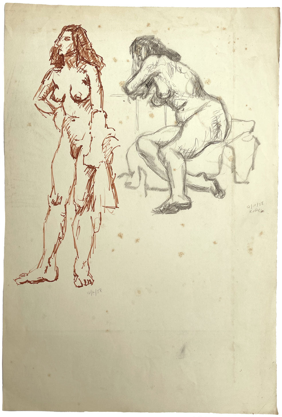 Harold Kopel ROI, Desnudo femenino al natural, de pie e inclinado – Dibujo a tinta de 1958