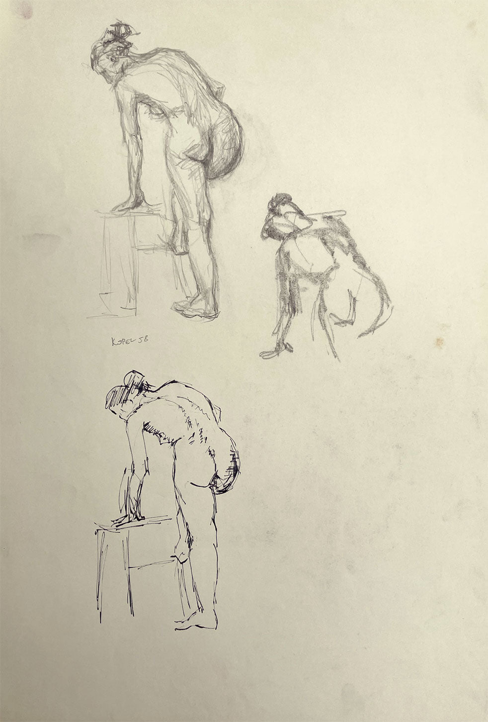Harold Kopel ROI, Female Nude Life Study, Raised Leg Poses – 1958 drawing