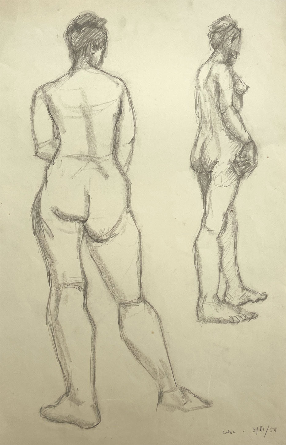 Harold Kopel ROI, Female Nude Life Study, Standing Poses 2 – 1958 drawing
