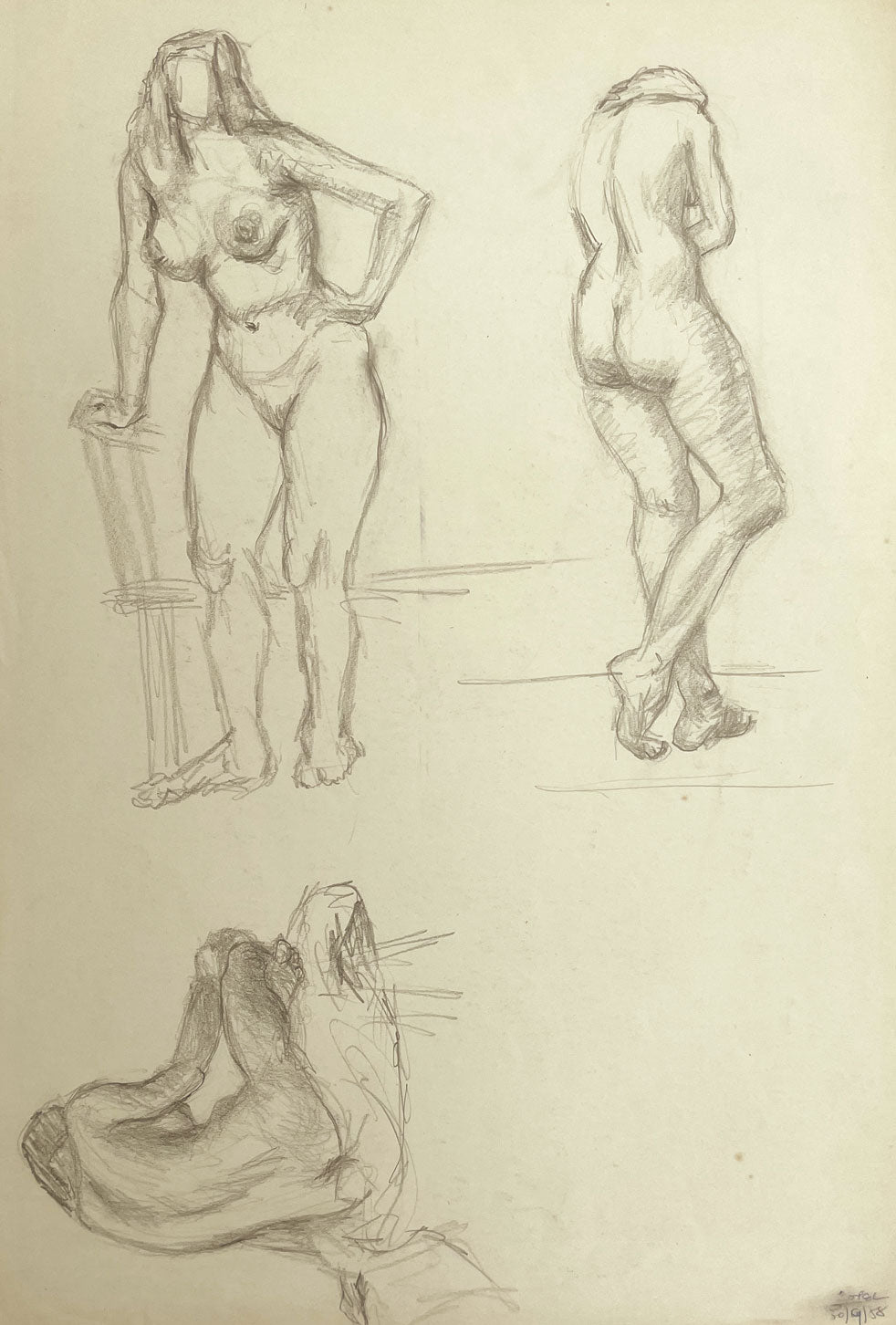Harold Kopel ROI, Female Nude Life Study, Standing Poses 3 – 1958 drawing