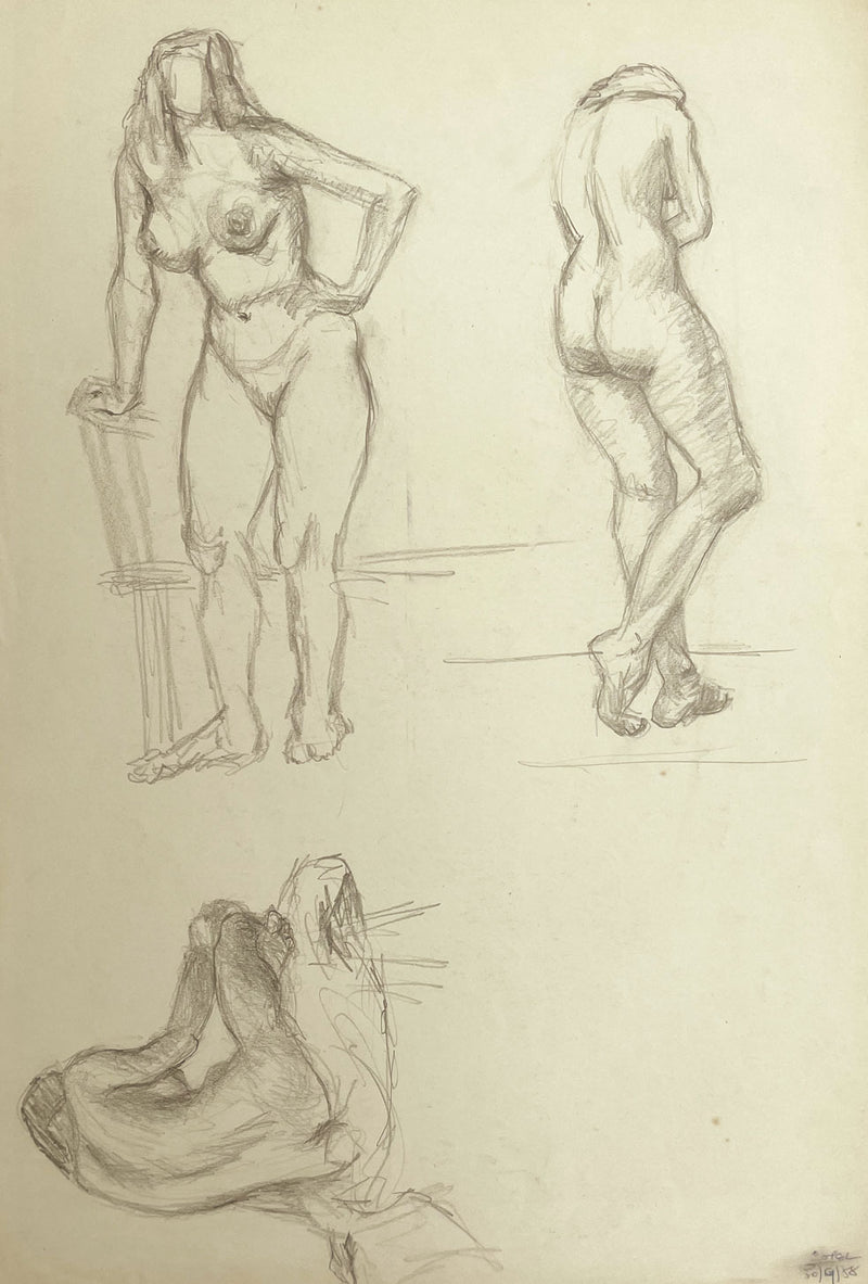 Harold Kopel ROI, Female Nude Life Study, Standing Poses 3 – 1958 drawing