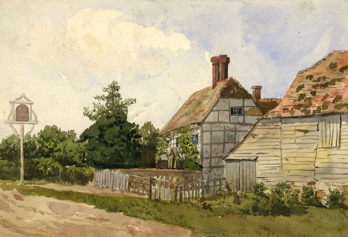 Half-timbered Thatched Pub 'The Boar Arms' – late 19th-century watercolour