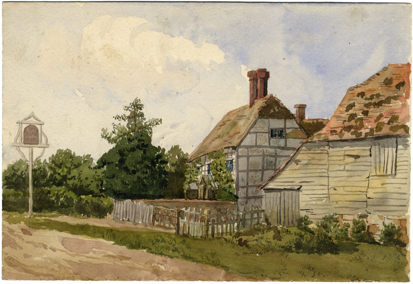 Half-timbered Thatched Pub 'The Boar Arms' – late 19th-century watercolour