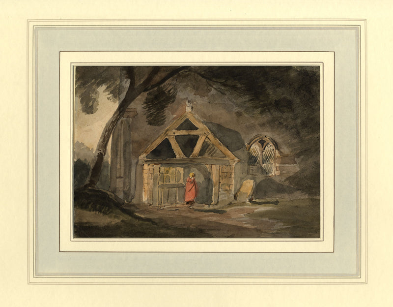 Girl in Red Cloak Entering Church – early 19th-century watercolour painting