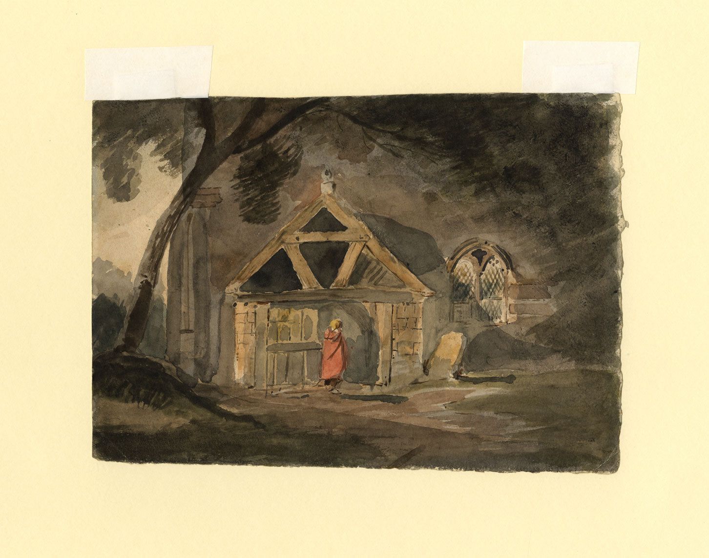 Niña con capa roja entrando en la iglesia – acuarela de principios del siglo XIX