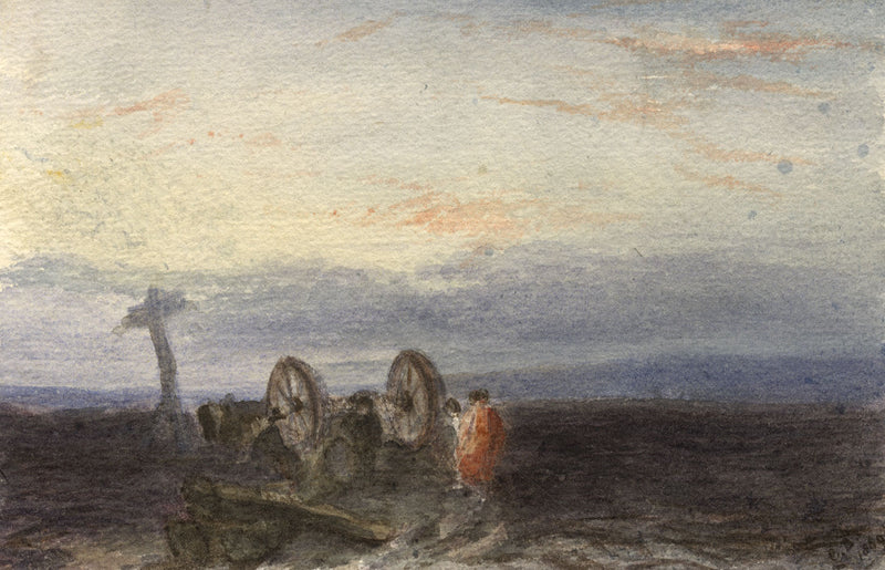 C.B., Figures by Cart & Wayside Cross at Dusk – 1869 watercolour painting
