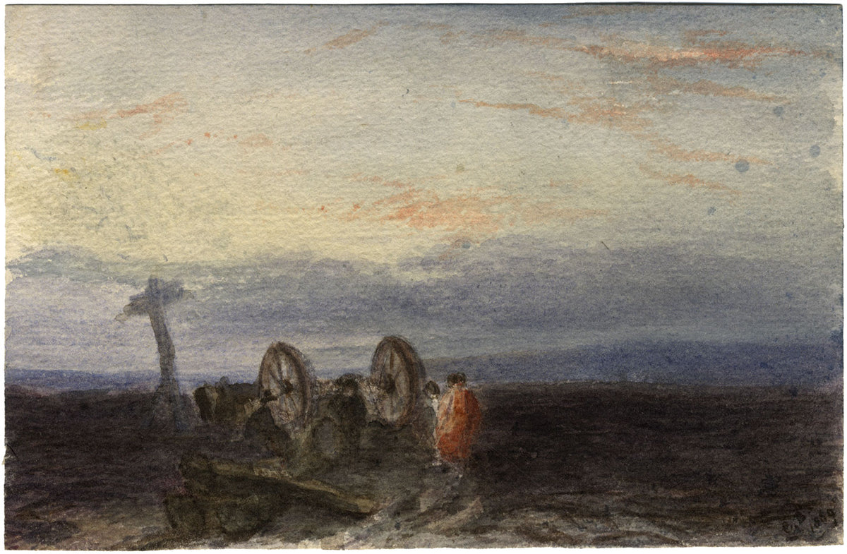 CB, Figure accanto al carro e croce al crepuscolo – acquerello del 1869