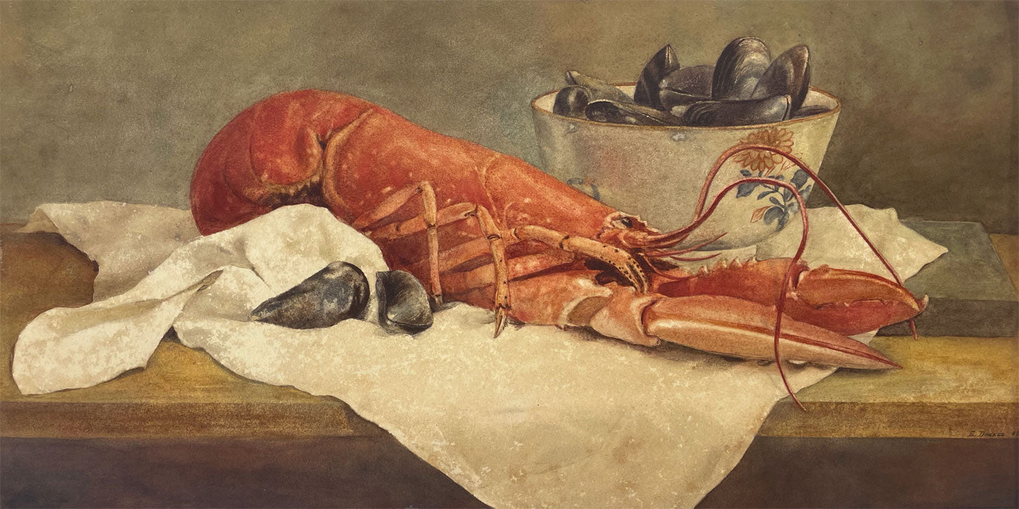 E. Donald, Lobster & Mussels Still Life – Original 1886 watercolour painting