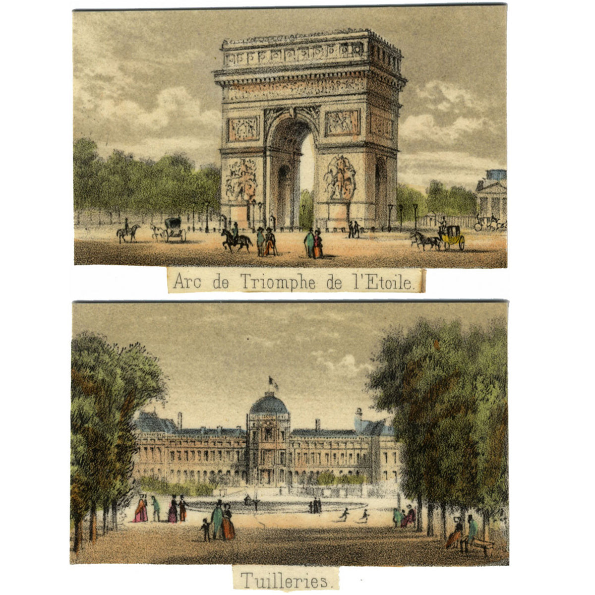 Arc de Triomphe & Tuileries Garden, Paris – C19th hand-coloured lithograph pair