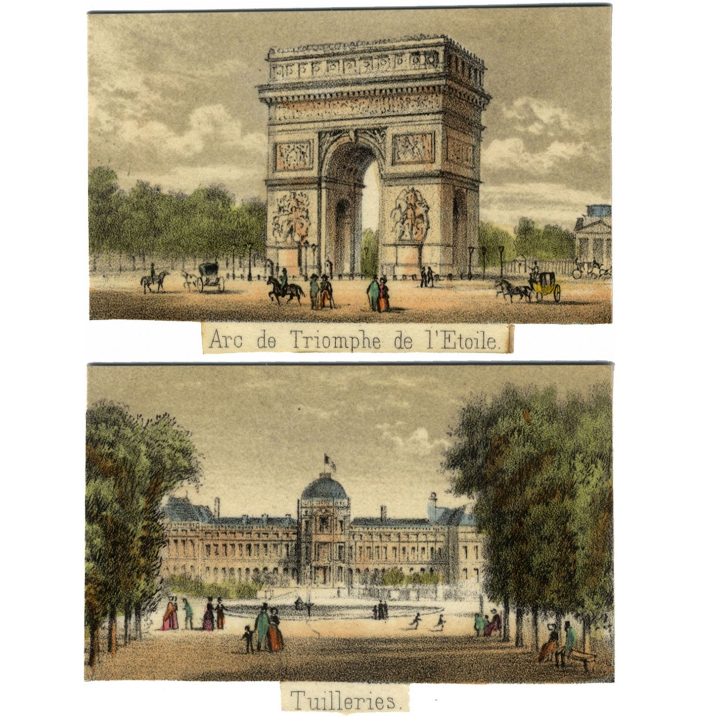 Arc de Triomphe & Tuileries Garden, Paris – C19th hand-coloured lithograph pair