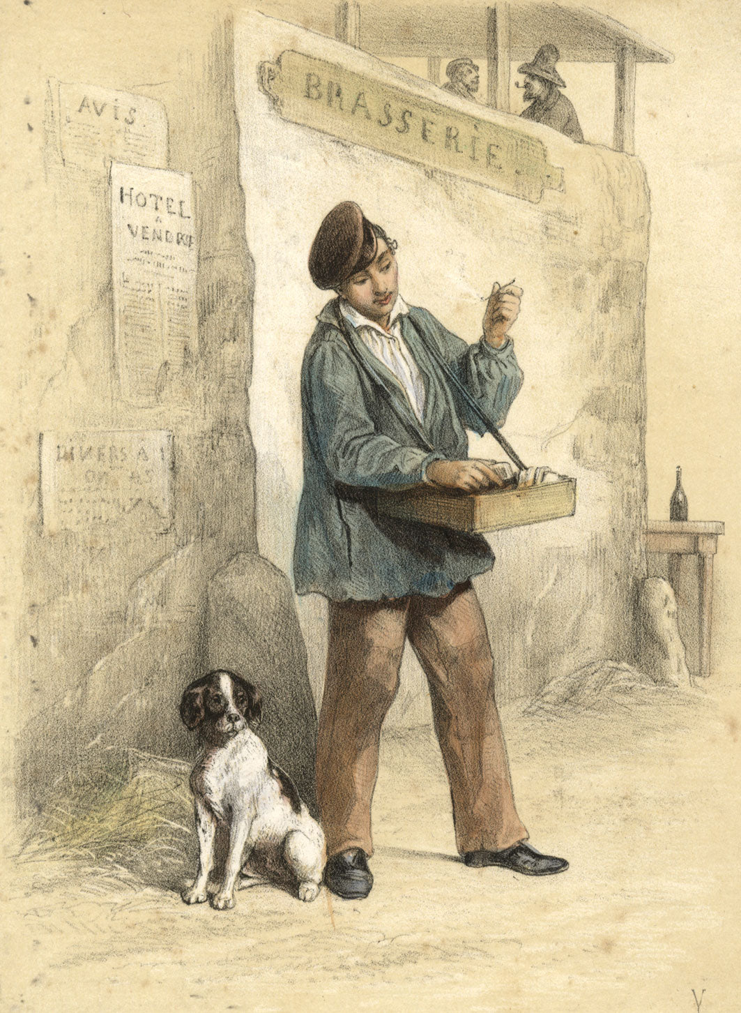French Cigar Vendor (Des Cigarres et du Feu) – C19th hand-coloured lithograph