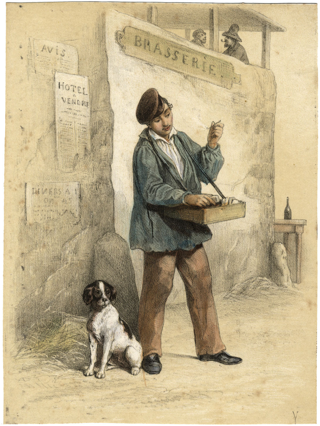French Cigar Vendor (Des Cigarres et du Feu) – C19th hand-coloured lithograph