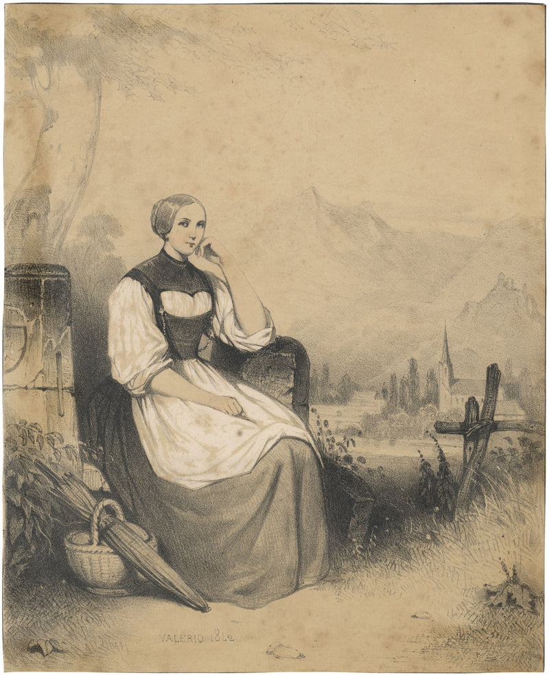 Théodore Valério, Seated Lady in a Swiss Landscape – 1842 lithograph print