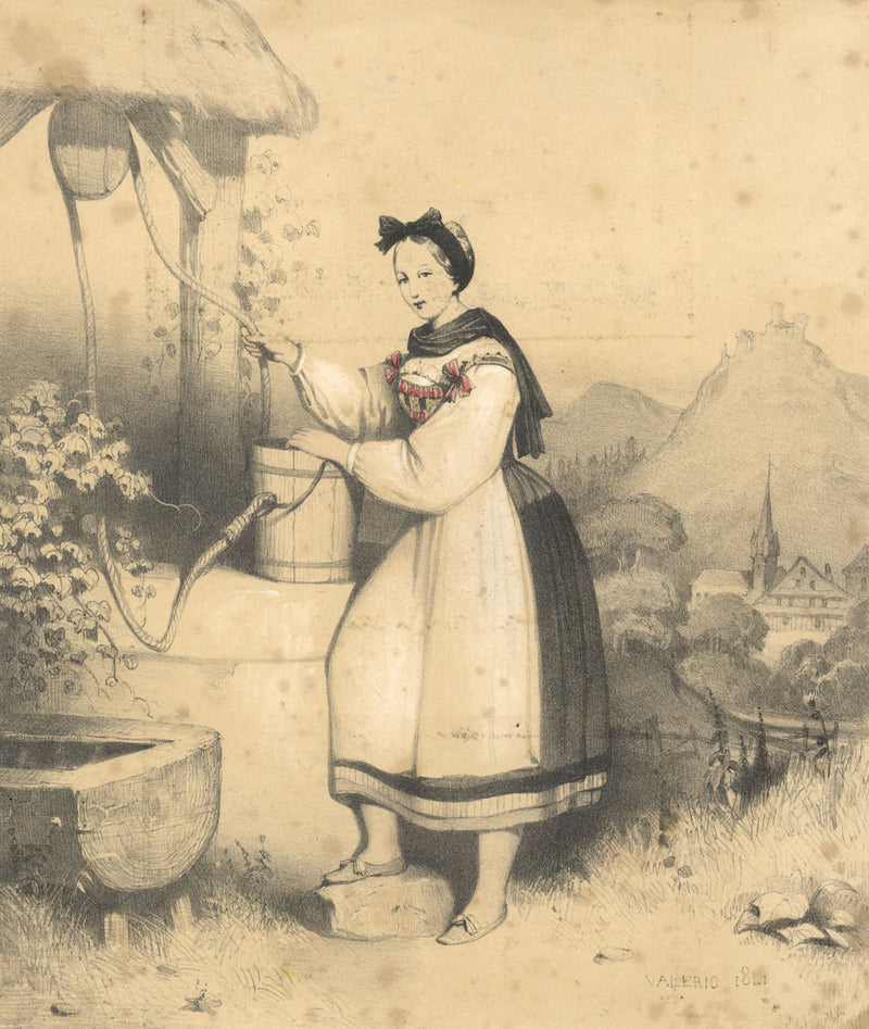 Théodore Valerio, Young Lady at Water Well, Basel, Switzerland – 1841 lithograph
