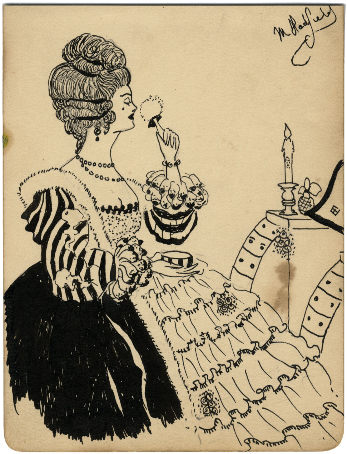 M. Hadfield, Regency Lady at Her Toilet – Disegno originale a penna e inchiostro del 1926