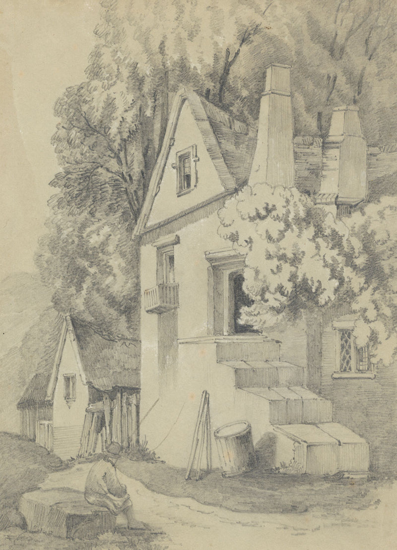 Resting Figure by House – Original c.1838 graphite drawing