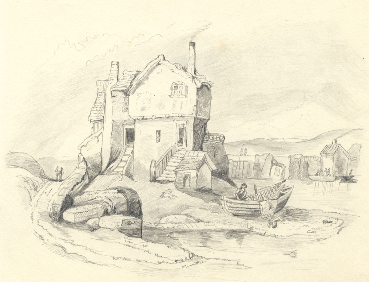 Coastal Cottage with Rowboat – Original c.1838 graphite drawing