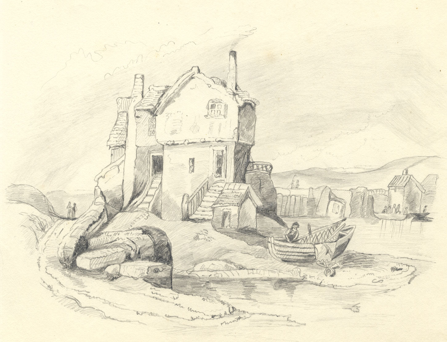 Coastal Cottage with Rowboat – Original c.1838 graphite drawing