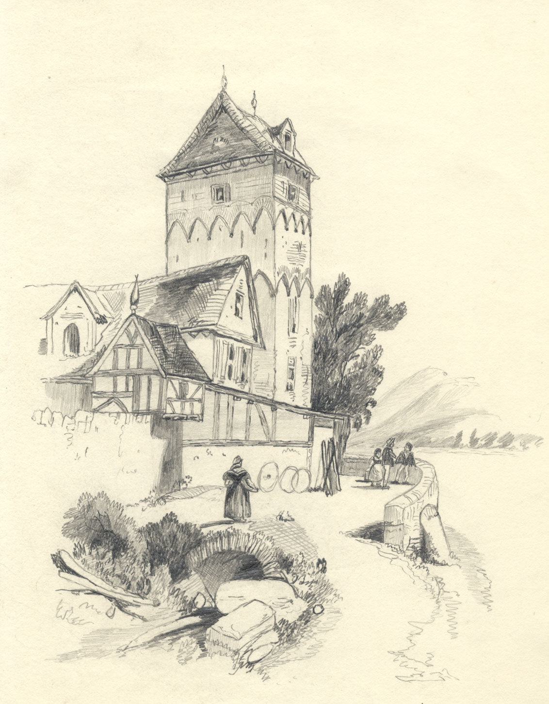 Tower by Lake, Switzerland – Original c.1838 graphite drawing