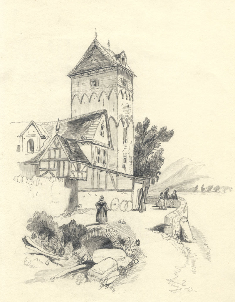 Tower by Lake, Switzerland – Original c.1838 graphite drawing