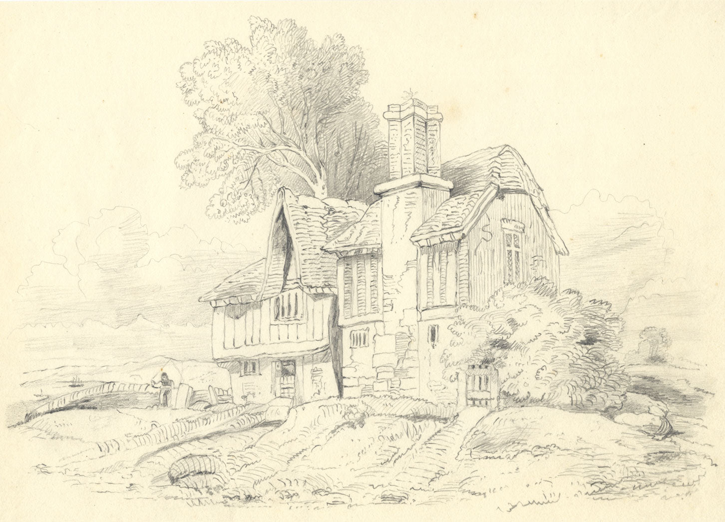 Half-timbered House on the Coast – Original c.1838 graphite drawing
