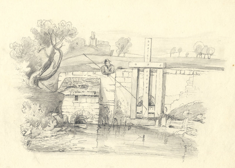 River Sluice Gate with Figure – Original c.1838 graphite drawing