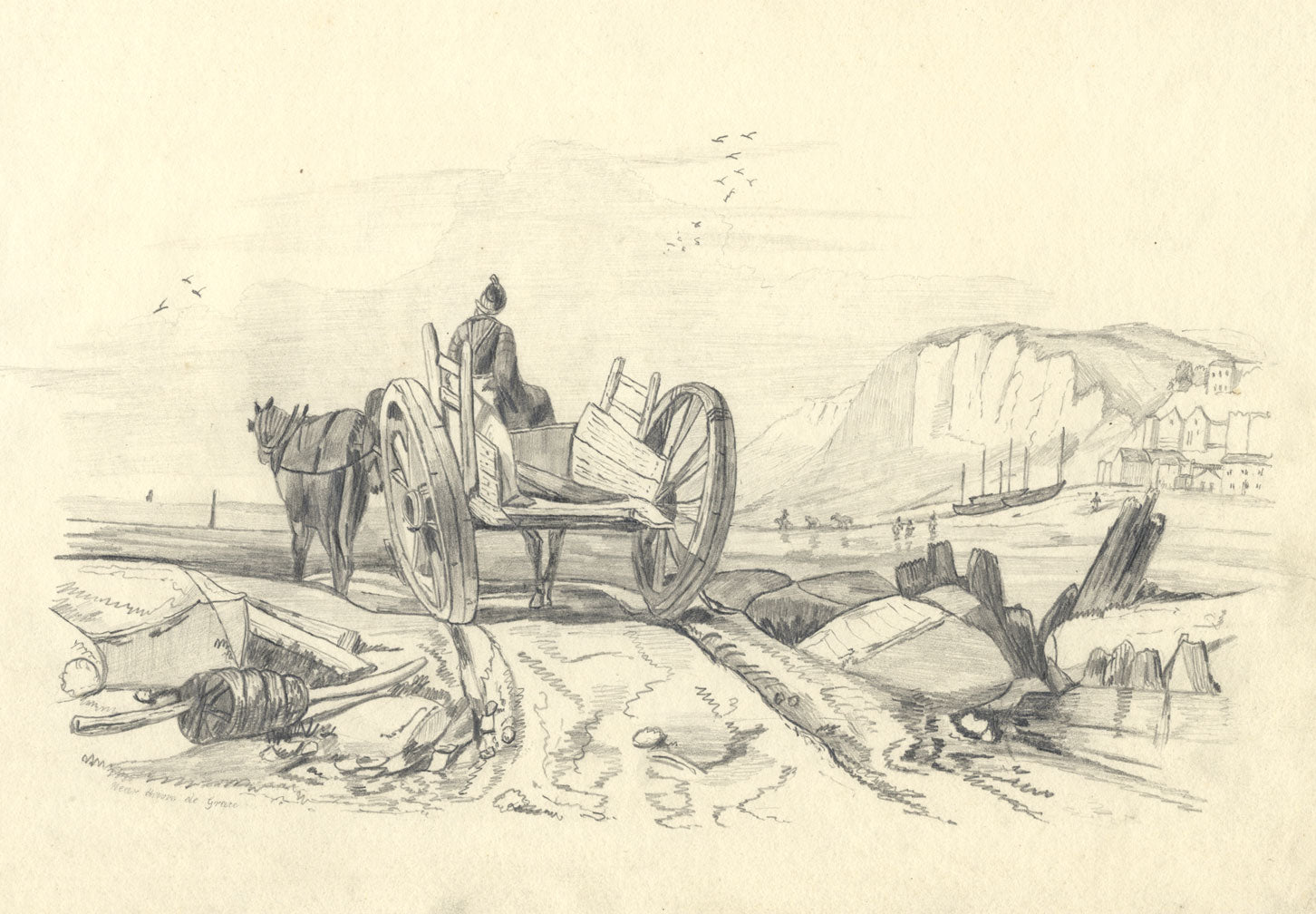 Near Havre-de-Grâce, Le Havre, France – Original c.1838 graphite drawing