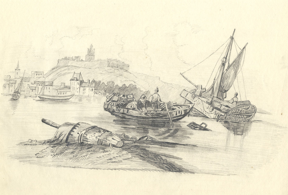 Fishing Boats off Harbour – Original c.1838 graphite drawing