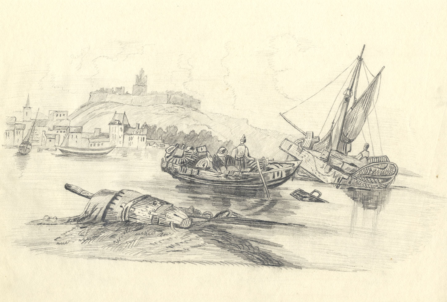 Fishing Boats off Harbour – Original c.1838 graphite drawing