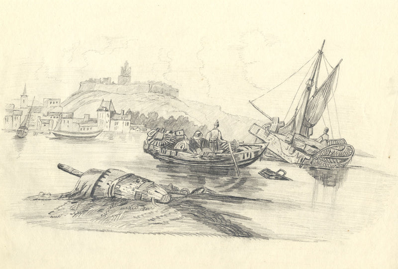 Fishing Boats off Harbour – Original c.1838 graphite drawing