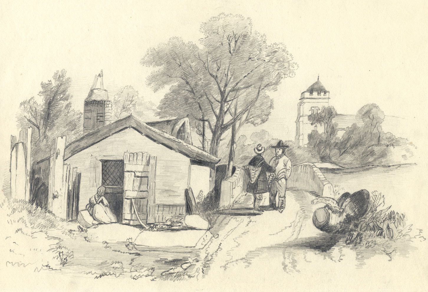 Figures Conversing on Rural Road – Original c.1838 graphite drawing