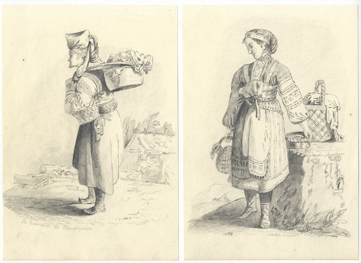 La Marchande de Champignon after Jean-Baptiste Le Prince –c1838 graphite drawing