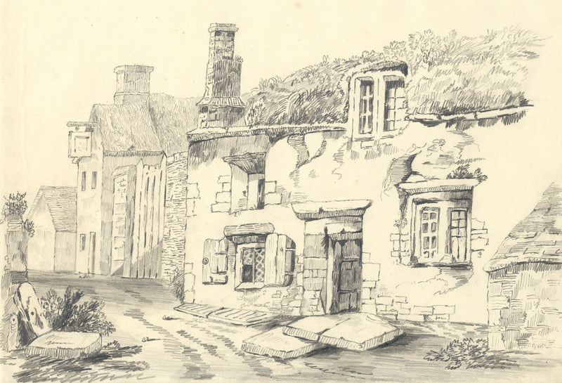 Rustic Houses on Village Street – Original c.1838 graphite drawing