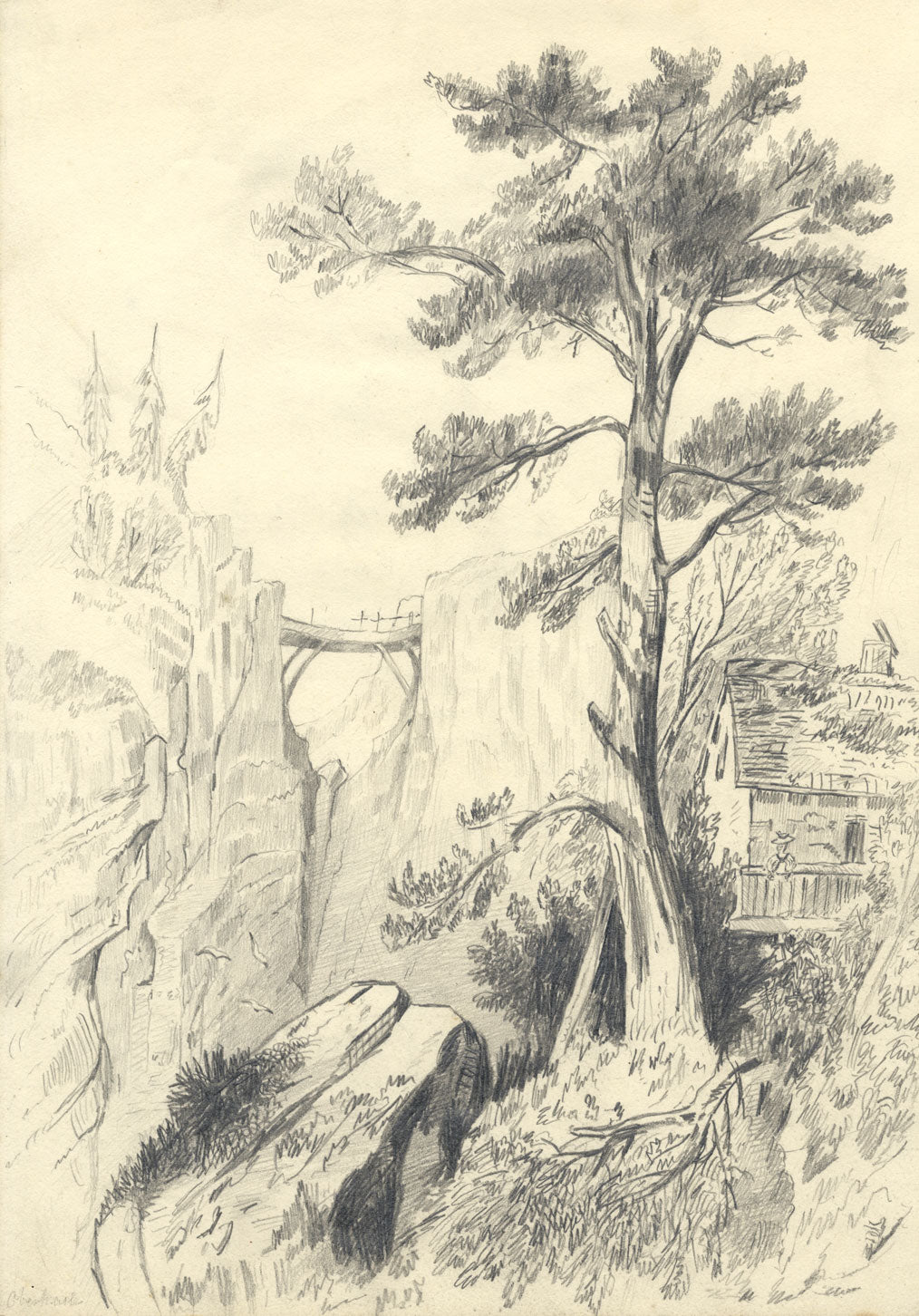 Gorge Bridge at Oberhasli, Switzerland – Original c.1838 graphite drawing