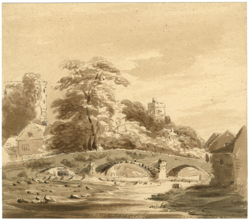 Round Tower by Stone Bridge – Original early 19th-century watercolour painting