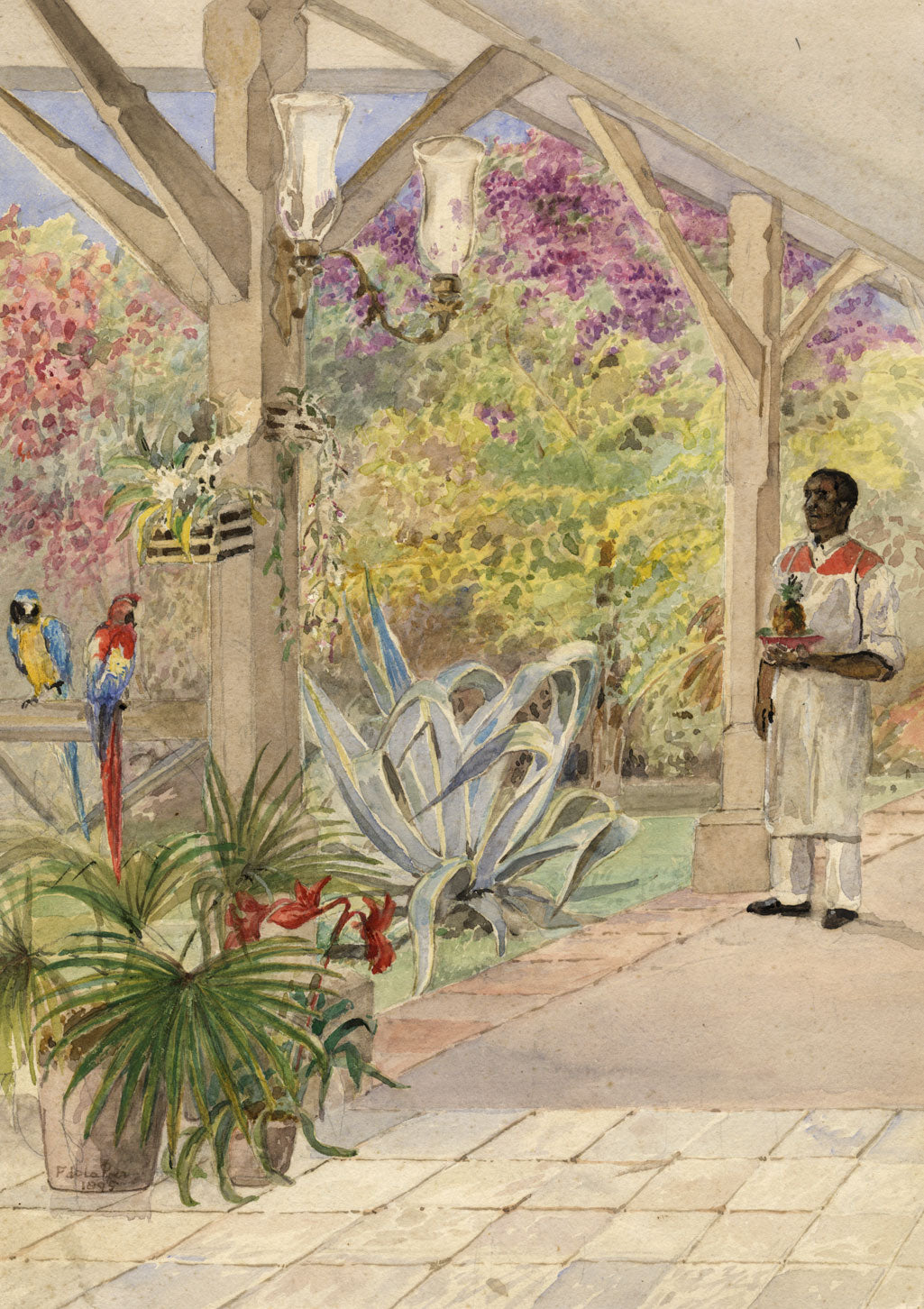 F. de la Poer, Way to the Dining Room, King's House, Jamaica – 1895 watercolour