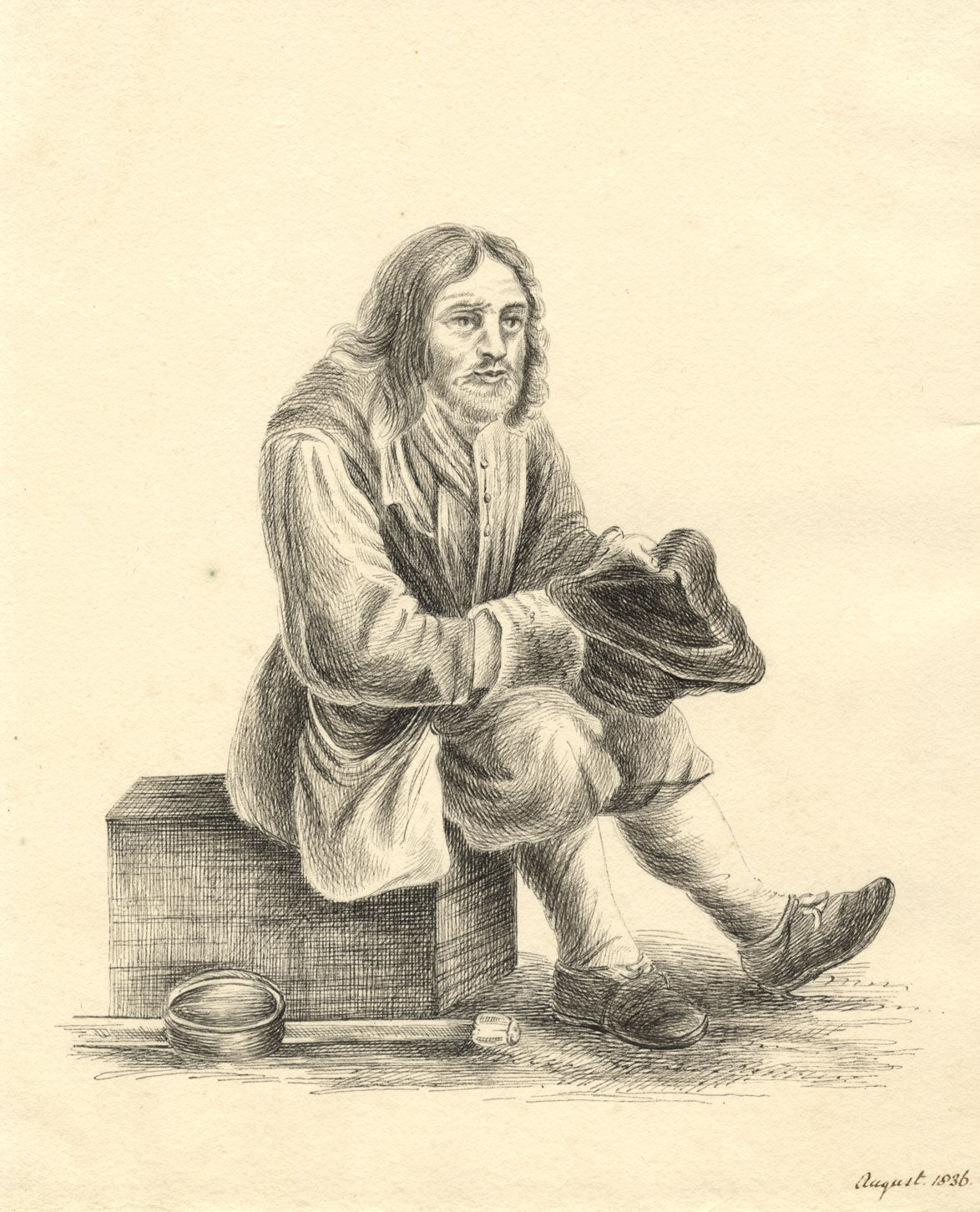 Attrib. Mary Heber, Dutch Vagabond or Resting Beggarman – 1836 pen & ink drawing
