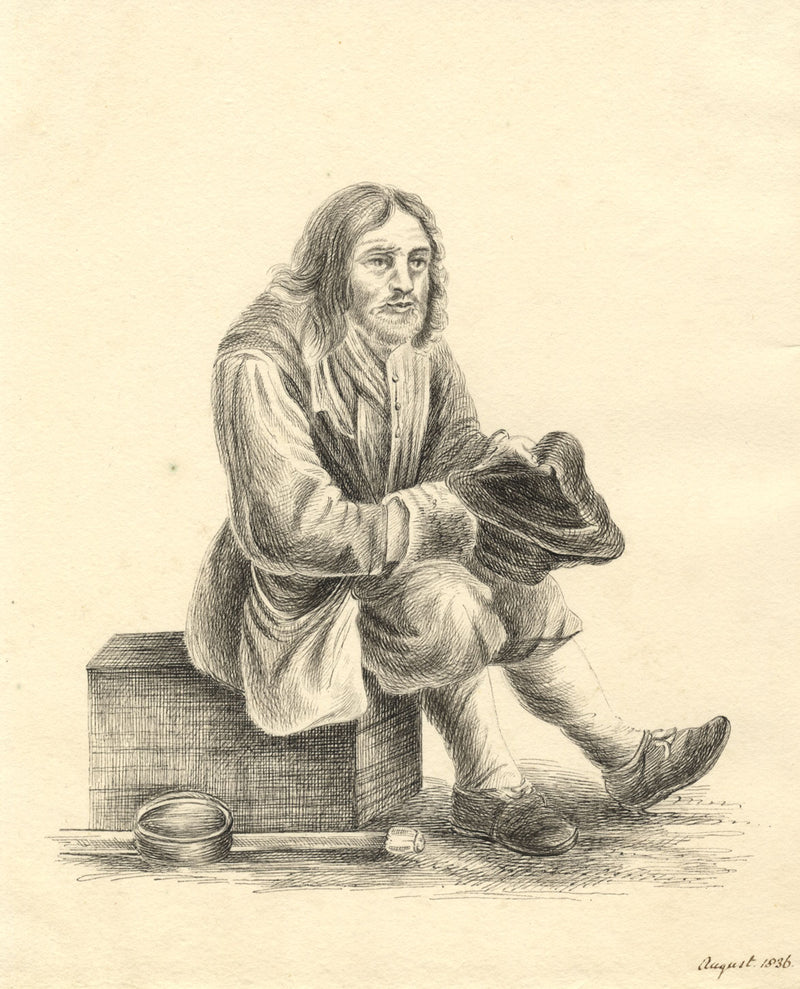 Attrib. Mary Heber, Dutch Vagabond or Resting Beggarman – 1836 pen & ink drawing