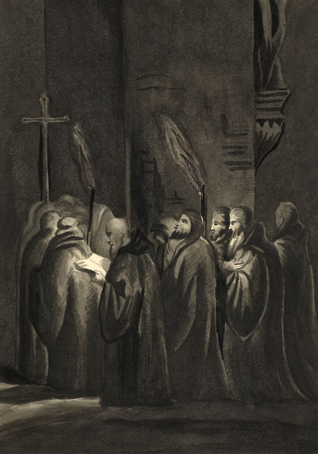 Attrib. Mary Heber, Carthusian Monks Torchlight Procession – c.1830s watercolour